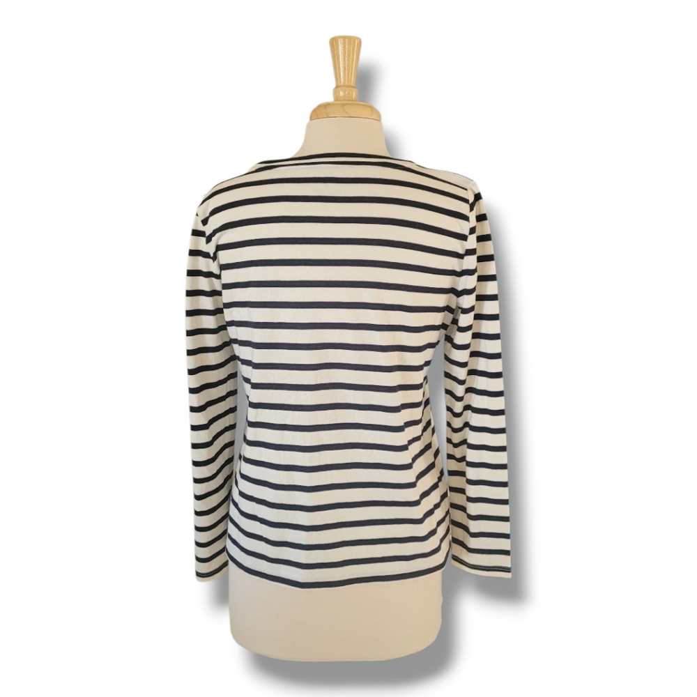 Talbots Round Neck, Owl Motif Striped Long Sleeve Black/White Stretch Top. MP - Picture 5 of 8